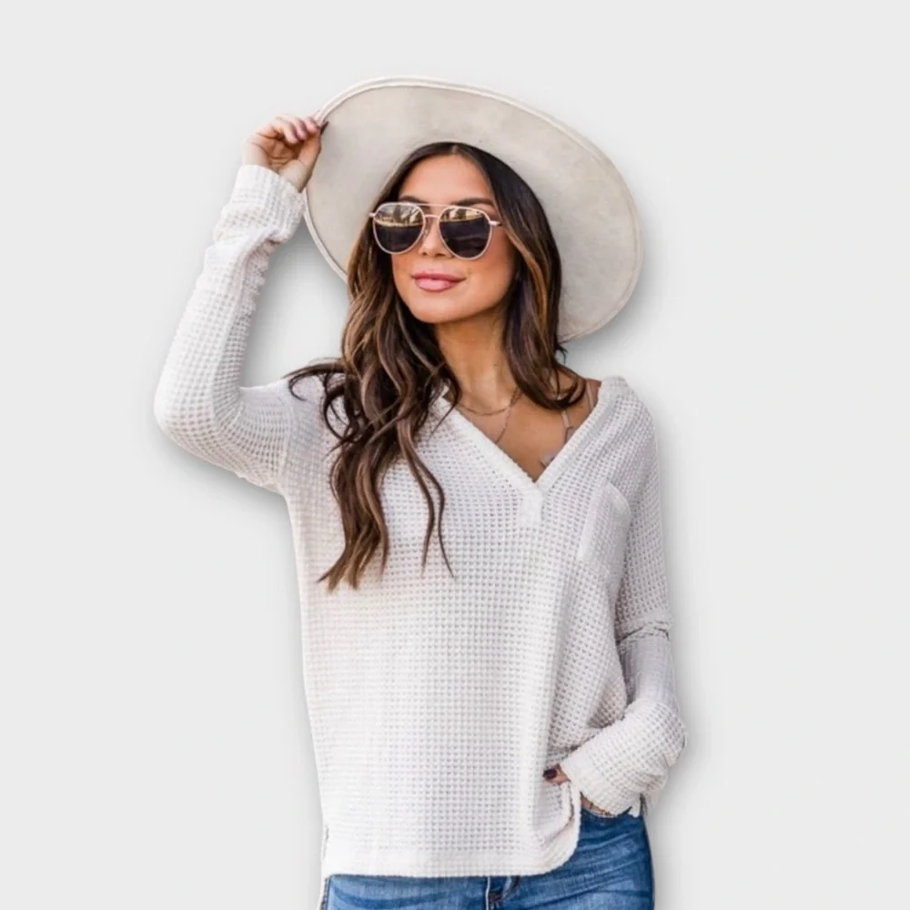 Pink Lily Waffle Knit Long Sleeve Oatmeal V-neck Top - Picture 3 of 8